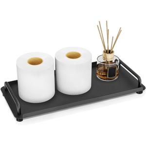 Toilet Paper Basket, Tank Tray with Handle, Bathroom Counter Storage Tray for Kitchen (Black) (12.9" x 5.9" x 1")