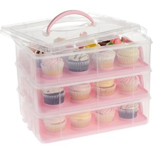 Juvale 3 Tier Cupcake Carrier with Lid and Handle, Holds 36 Cupcakes (Pink, 13.5 x 10.25 x 10.75 In)