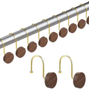 Shower Curtain Hooks, Decorative Shower Curtain Rings for Shower Curtain Rod,Imitation Wood Grain Resin Shower Curtain Hangers, Shower Hooks for Bathroom, Bedroom Set of 12 (Gold)