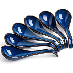 LYEOBOH Soup Spoons set of 6, Chinese Deep Soup Spoon - 6.5 inch Ceramic Korean Tablespoons for Ramen, Rice, Noodle, Asian Spoons with Deep Hook Design, Vintage Blue
