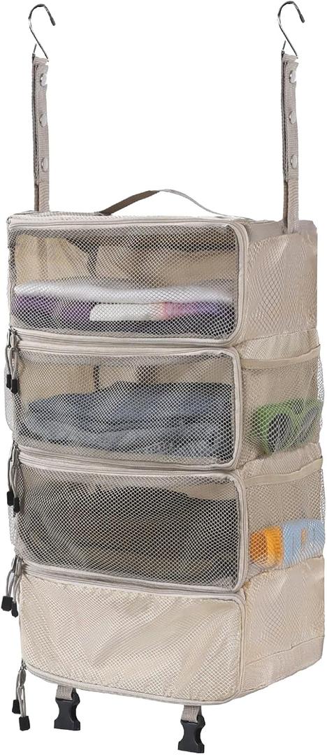 Surblue Hanging Travel Organizer Portable Hanging Luggage Organizer Multiple Compartments Collapsible Compression Closet Packing Cubes,Beige,M