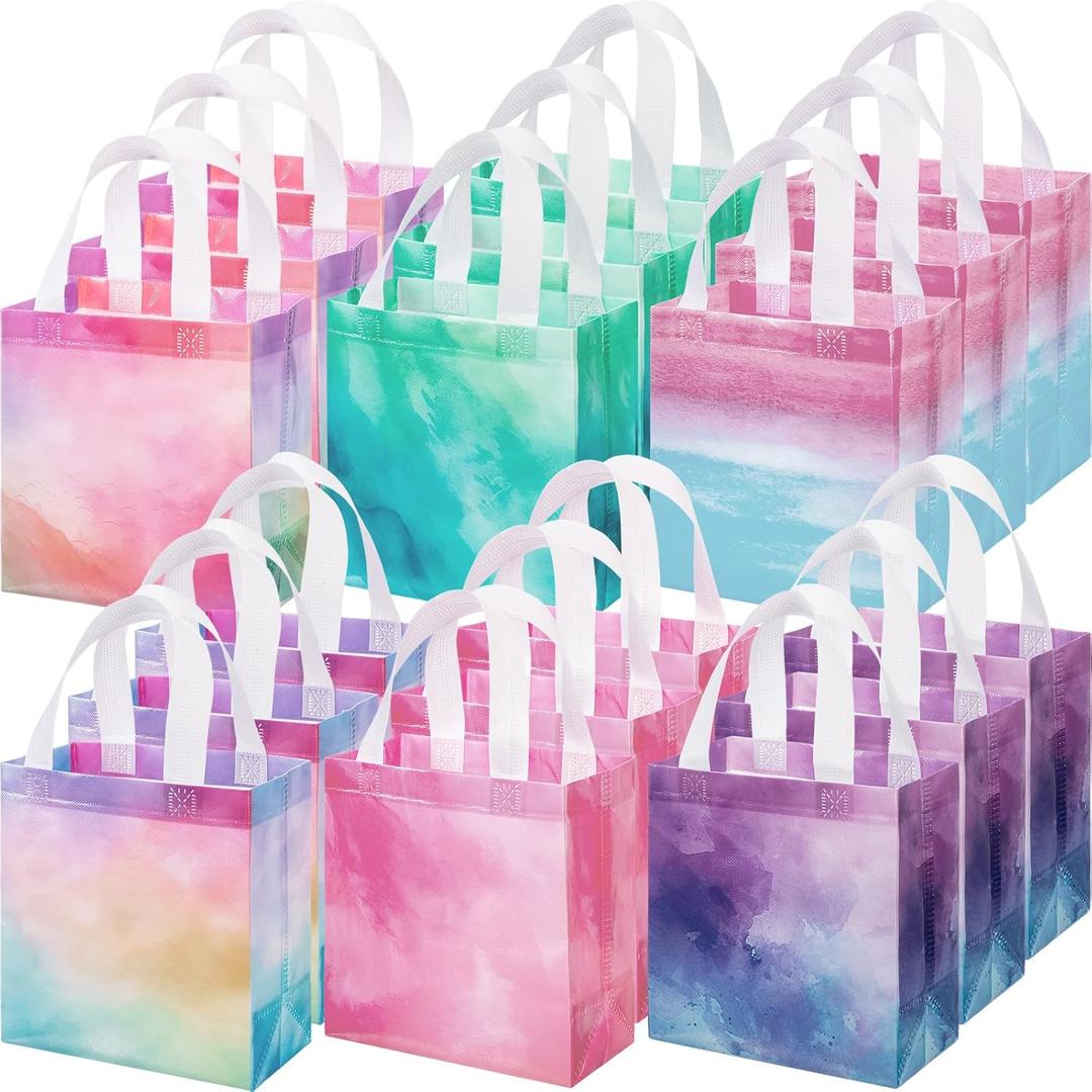 Wesnoy 18 Pcs 36 Pcs Thanksgiving Non Woven Fall Gift Bags with Handles Reusable Party Favor Goodie Bags Bulk, Autumn Rainbow Color Tote for Women Wedding Birthday Bridal Shower Decoration (Tie Dye)