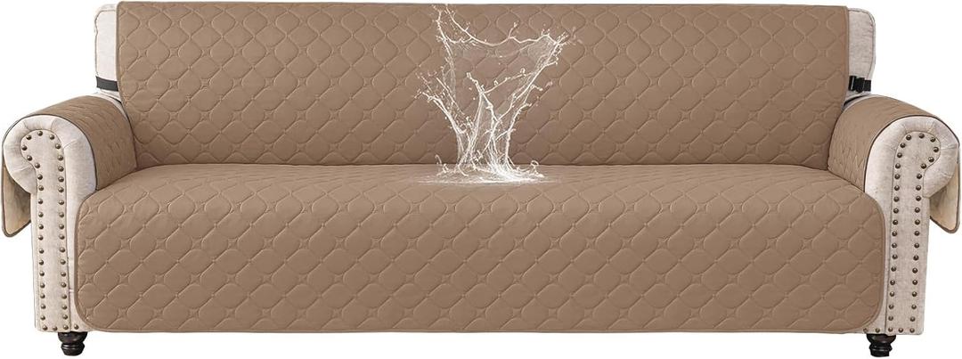 100% Waterproof Couch Cover For Pets Large, Sofa Covers For 3 Cushion Couch Washable, Non Slip Couch Covers For Dogs With Side Pockets, Quilted Couch Covers For Sofa (Oversized Sofa, Light Brown)