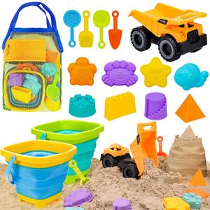 AuntyFey Beach Sand Toys for Toddler 1-3 with Trucks, 2 Collapsible Beach Toys for Kids Ages 4-8, Sandbox Toys for Toddler, Collapsible Beach Sand Buckets with Castle Sand Molds Shovels