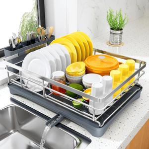 SNTD Dish Drying Rack for Kitchen Counter  Stainless Steel Dish Rack with Drainboard, Large Dish Drainer with Utensil Holder for Sink, Silver