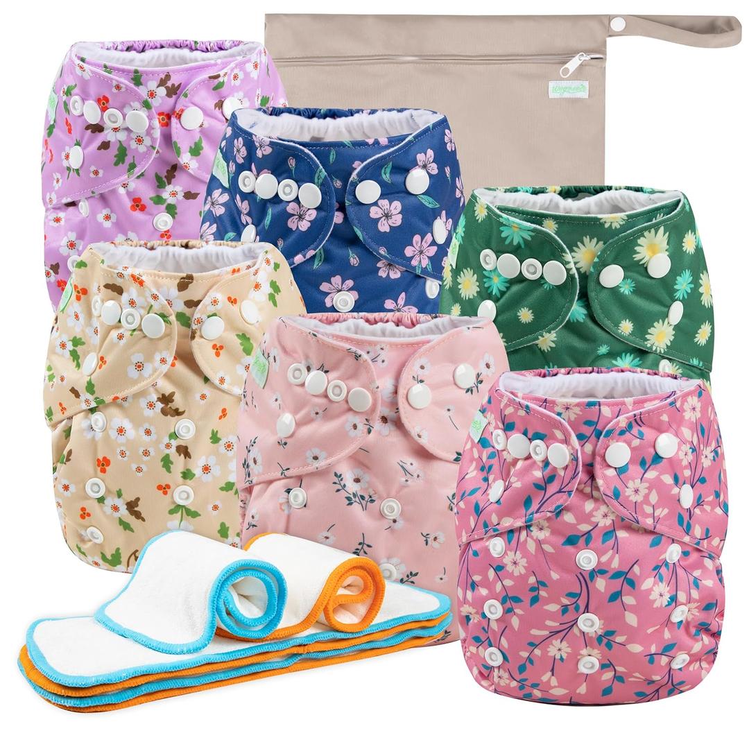 Wegreeco Cloth Diapers 6 Pack with Inserts & Wet Bag, Washable Reusable Diapers for Babies, One Size Adjustable (Chrysanthemum)