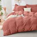 HYMOKEGE Coral Red Duvet Cover Queen Size, Ultra Soft 3-Piece Seersucker Duvet Cover Set with Zipper Closure, Soft Brushed Microfiber Bedding Set with 8 Corner Ties (90"x90", 2 Pillowshams)