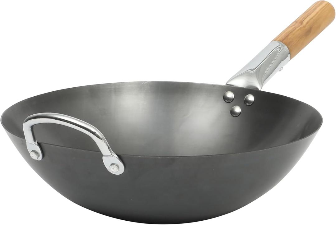 SUR LA TABLE Kitchen Essentials Quick Fire 13.5" Carbon Steel Flat Bottom Wok Durable Nonstick Stir Fry Pan