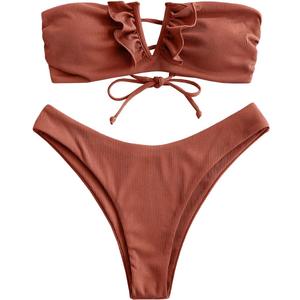 ZAFUL Women's Strapless Ribbed V Wired Lace Up Ruffle Tie High Cut Bandeau Swimsuits Bikini Set (0-coffee) S