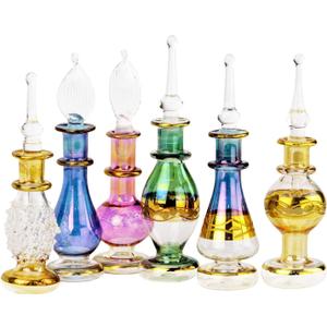 NileCart Egyptian Perfume Bottles 6 Pack Size 2 Hand Blown With Handmade Golden Egyptian Decoration For Perfumes Oil & Essential Oils.