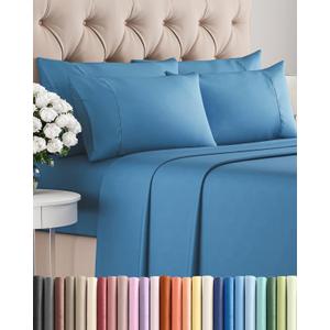 Queen 6 Piece Sheet Set - Comfy Breathable & Cooling - Hotel Luxury Bedding for Women, Men, Kids, Teens & Children - 1 Flat & 1 Fitted Sheet & 4 Pillowcases w/ Deep Pockets - Wrinkle Free - Denim Blue