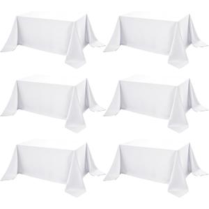 6-Pack White Tablecloths for Rectangle Tables, 90 x 132 Inches, Stain-Resistant Polyester Fabric for 8 Foot Tables - Washable Table Covers for Weddings, Banquets, Birthday Parties, Events
