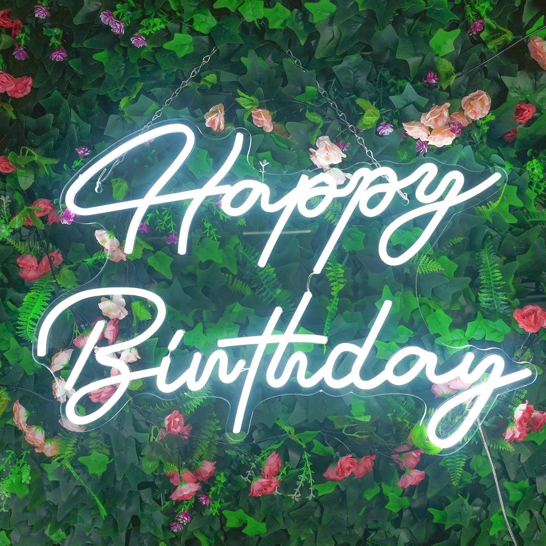 Happy Birthday Neon Sign - Large Happy Birthday Light Up Sign for Wall Decor with USB Powered, Adjustable Brightness Reusable LED Light Sign for All Birthday Party Decoration(16.5 x11inches,White)