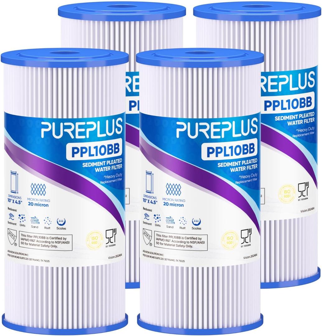 PUREPLUS 20 Micron 10" x 4.5" Whole House Pleated Sediment Filter,4 Pack