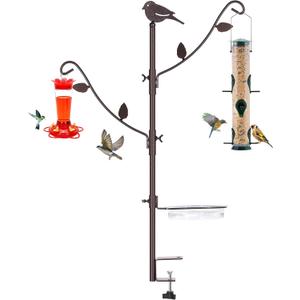 Deck Bird Feeder Pole Porch Multi-Hooks Hanging Kit for Outside with Two Adjustable Branches, Water Bowl, Bird Feeder Planter Hanger (42 Inches without Squirrel Baffle)