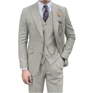 3 x Retro Men's 3 Piece Suit Tweed Herringbone Slim Fit Suits Groomsmen Brown Tuxedos Set Prom Jacket Blazer Vest Pants for Men, XXL