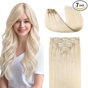 COOKAYU Real Human Hair Clip in Hair Extensions, Remy Hair Clip in Hair Extensions, Platinum Blonde Hair Thick Silky Straight Real Human Hair, 14inch 120g 7Pcs (Color: #60 Platinum Blonde)