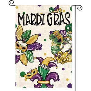 AVOIN colorlife Mardi Gras Garden Flag 12x18 Inch Double Sided Outside, Fleur de Lis Beads Mask Donut Carnival Party Yard Outdoor Flag
