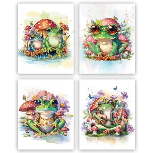 QPOKLAF Funny Frog Wall Art Canvas Prints Living Room Wall Decor,Vintage Animal Art Posters Bedroom Aesthetic Decoration Set of 4 (8x10inch,Unframe)