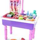 Play Kitchen Sink Toys, Electric Dishwasher Playing Toy with Running Water, Play Food & Tableware Accessories, Kitchen Set Toys, Role Play Sink Set for Toddlers Kids Boys Girls (Pink)