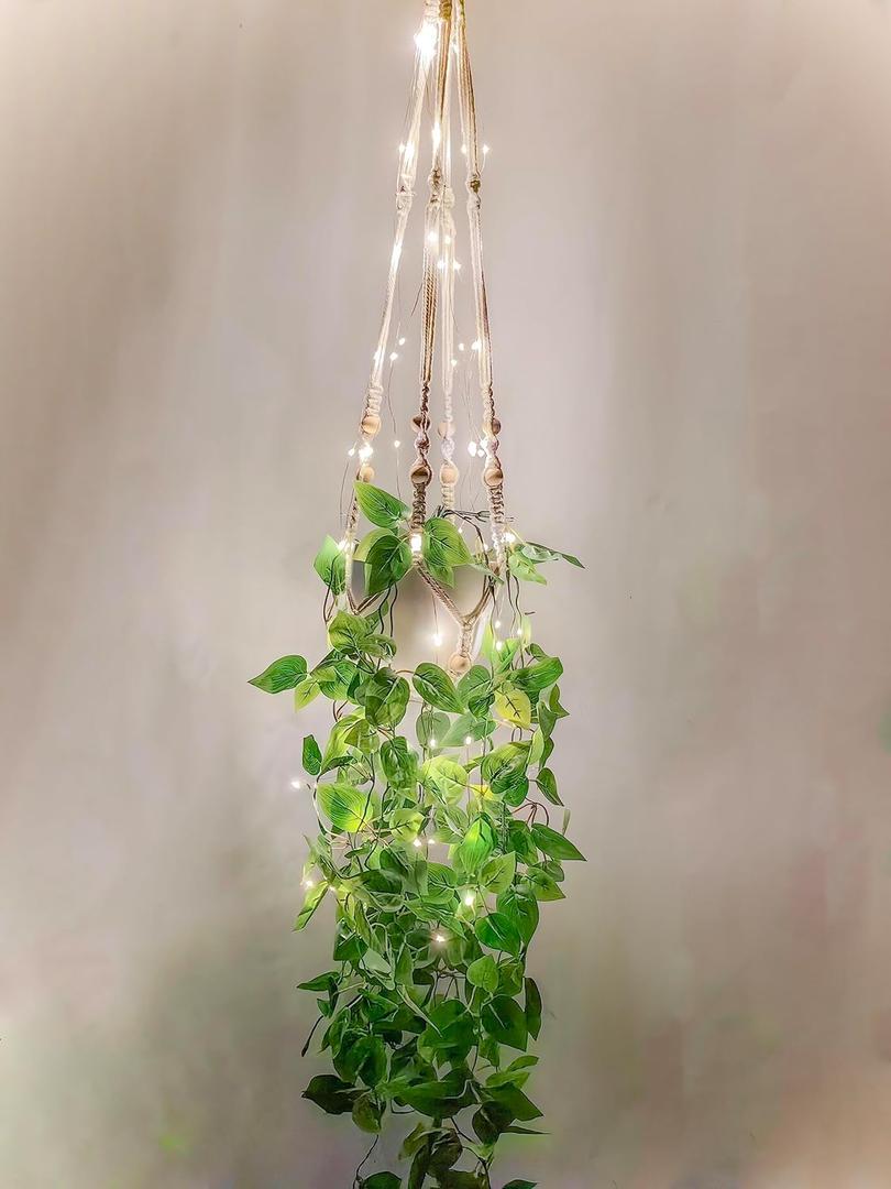 Fake Hanging Plants with Lights Artificial Plants for Home Decor Macrame Plant Hanger with Fake Vines Faux Hanging Planter for Wall Ceiling Bedroom Bathroom Kitchen Office Boho Decor Indoor (Fake Plants + LED Lights)