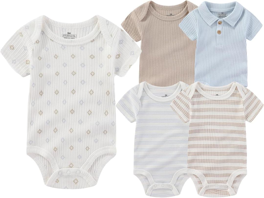 Baby Boy Girl Short Sleeve Bodysuits New Born 100% Cotton Clothes 5-Pack 0-12M (6-9 Months, Khaki+light Blue Lapel+card Stripe)
