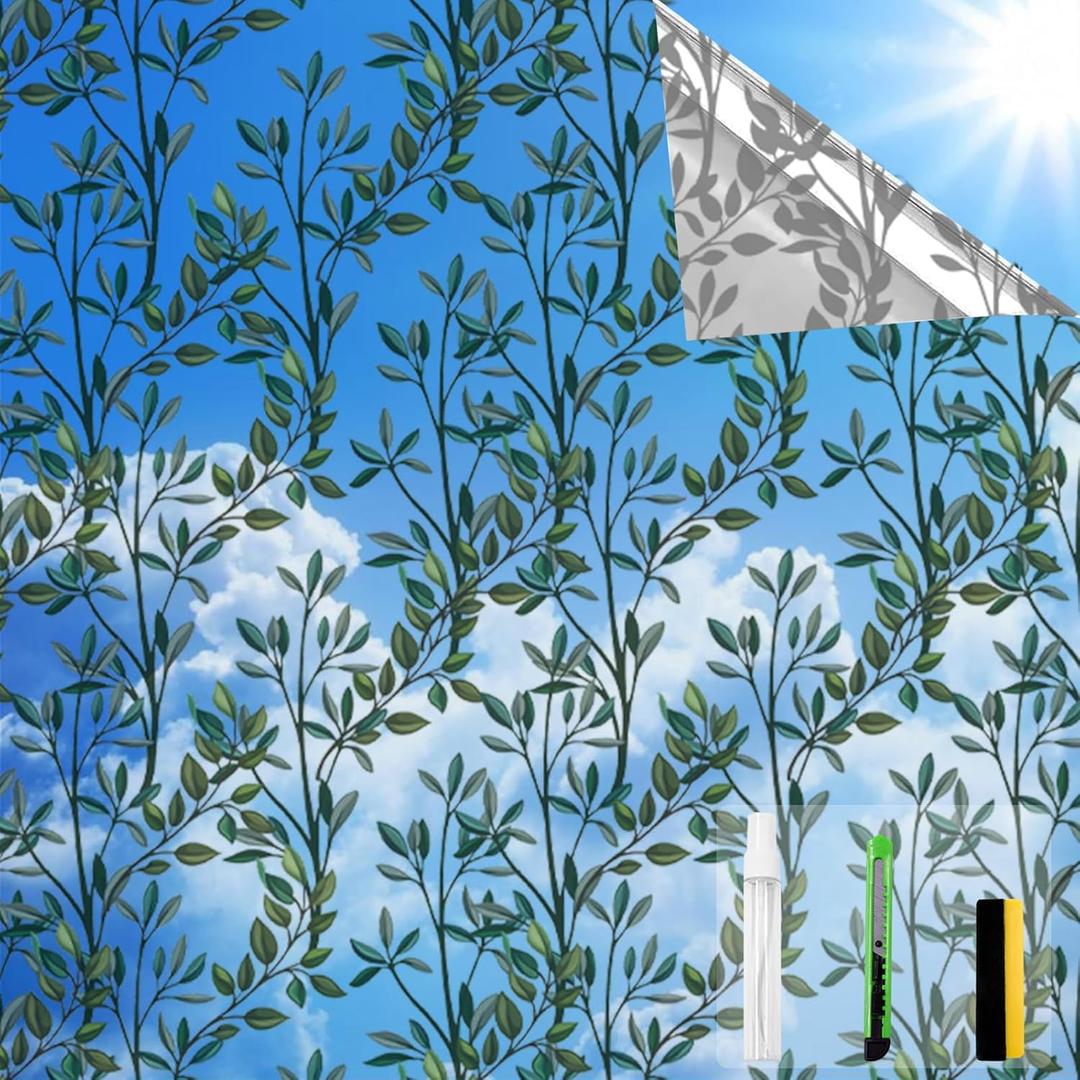 One Way Privacy Film, Window Tint for Home,Daytime Reflective, Anti UV Static Cling Sliding Door Coverings No Glue Garage Solar Paper (Silver-Leaves, 45.27 x 78.7 in) One Way Privacy Film, Window Tint for Home,Daytime Reflective, Anti UV Static Cling Sliding Door Coverings No Glue Garage Solar Paper (Silver-Leaves, 45.27 x 78.7 in)