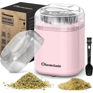 Hermolante Herb and Spice Grinder, 200W Electric With Stainless Steel Blade, Cleaning Brush - Compact Size 5.11in (Pink)