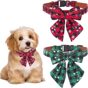 ADOGGYGO 2 Pack Christmas Dog Collar with Bow Tie, Classic Plaid Red Green Dog Collars with Removable Bowtie Christmas Collars for Small Dogs Pets (Small)