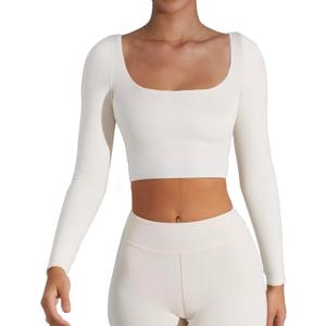 Women's Basic Long Sleeve Square Neck Crop Top Double Lined Slim Fit T-Shirt, S, White