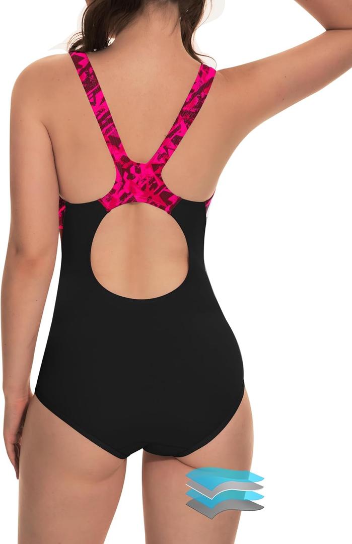 Beautikini Period Swimwear One Piece Leakproof Athletic Racerback Swimsuit Menstrual Sporty Bathing Suit for Teen Girls Women (Large, Black/Red Maple Leaves)