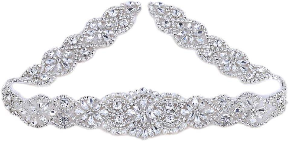 Rhinestone Beaded Belt Applique Sew Iron on Crystal Trim for Wedding Dress Sash Bridal Bridesmaid Gown Womens Prom Formal Clothes Bride Keepsake Gifts Jeweled Diamond Embellishments (Silver)