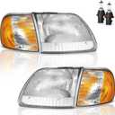 Headlights Assembly for 1997-2003 F150 / 1997-2002 Ford Expedition / 1998-1999 F250, Headlamp+Corner Parking Turn Signal Marker Light Does NOT fit models produced before July 1996 (Chrome Housing I Amber Reflector I W/ Bulbs)