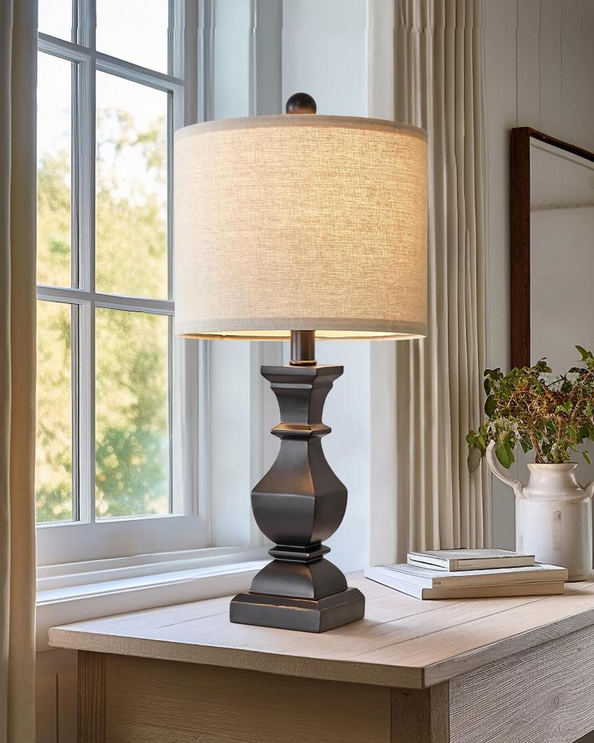 PoKat 20.5'' Bedside Table Lamp for Bedroom Nightstand - Farmhouse Lamp for Living Room, Black Night Stand Light Lamp with Round Linen Shade, Vintage Bedroom Lamp, Suitable for Small Place