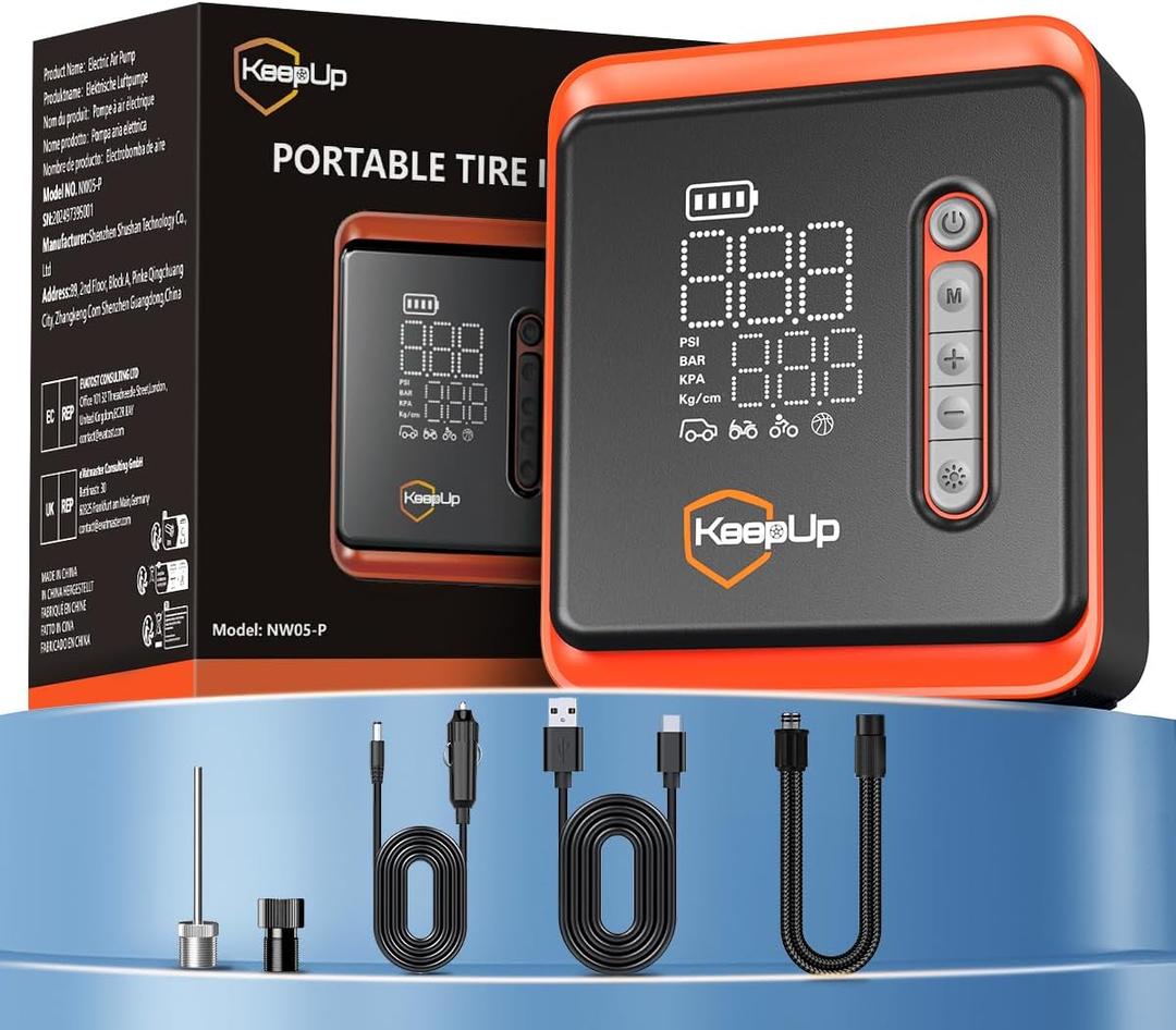 Tire Inflator Portable Air Compressor -Upgraded Air Pump for Car Tires with Tire Pressure Gauge (Max 150 PSI), Auto Shut-Off Tire Pump with LED Light for Car Motor Bike Ball (Matte Black & Light Orange)