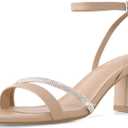 GRACESTRIDE Rhinestone Strappy Heels for Women Square Toe Chunky Block Heels Ankle Buckle Heeled Sandals, Dark Nude, 7.5