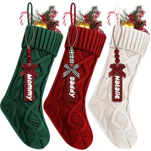 3Pack Personalized Christmas Stockings with Wooden Name Tags, 18 inches Xmas Cable Knitted Stocking for Holiday, Hanging Decoration Gifts for Family Party(White&Red&Green)