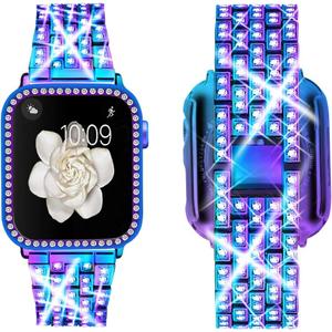 Supoix Compatible with Apple Watch Band 38/40/41/42/44/45/46/49mm+ Case, Women Jewelry Bling Diamond Rhinestone Replacement Metal Bands & 2 Pack PC Protector Case for iWatch Ultra 3/2/1 Series 11/10/9/8/7/6/5/4/3/2/1/SE (Colorful)