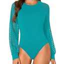 LYANER Women's Crew Neck Bodysuit Lace Hollow Out Long Sleeve Slim Fit Stretchy Leotards Tops, Medium
