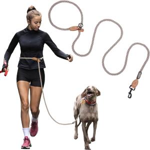 Mile High Life Hands Free Dog Leash, Crossbody Waist Leash with Genuine Leather Connection, Multifunctional Adjustable Slip Lead for Dog Walking Running (Camel, 8FT)