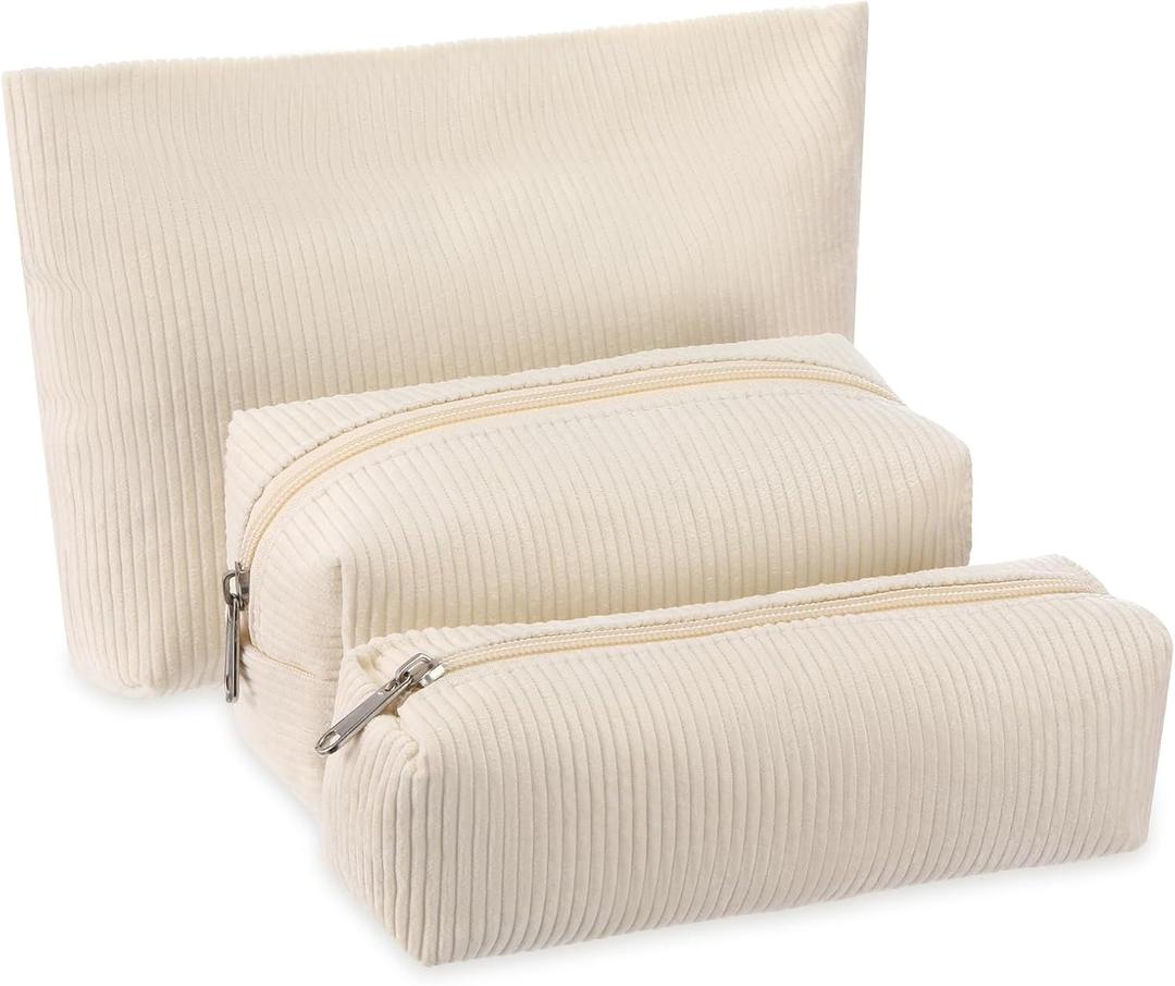 3 Pcs Makeup Bag Set for Women Corduroy Cosmetic Pouch Aesthetic Smile Travel Toiletry Bag Cute Purse Pouch Pencil Case Makeup Brushes Storage Organizer with Zipper(White,Solid Style)