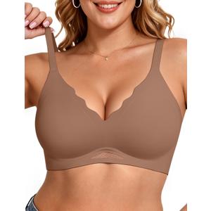 Vertvie Bras for Women Wireless Comfortable Push Up Bra Scalloped Seamless Full Coverage No Underwire Supportive T Shirt Bras (X-Large, Coffee)