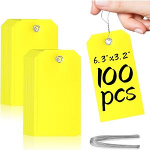 100 Yellow Plastic Shipping Tags - Durable, Writable, Heavy Duty, Waterproof, Reinforced for Repair Equipment & Car Parts Inventory (6 1/4" x 3 1/8")