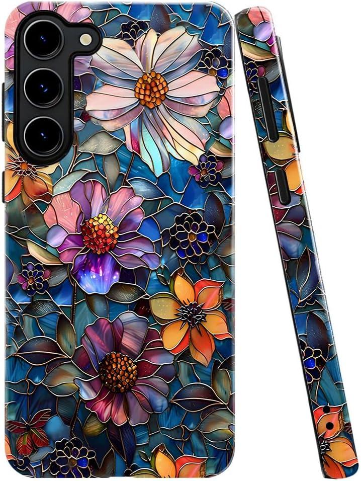 Case for Samsung Galaxy S23 Plus, Colorful Floral Flower Art Phone Case Drop Resistant Glossy 2 in 1 Solid Dual-Layer Cover for Girl Women