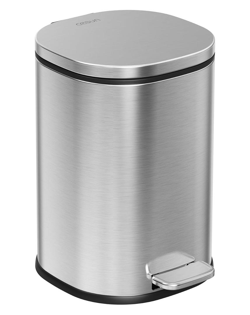 Cesun Bathroom Trash Can with Lid, 1.3 Gallon Small Garbage Can with Foot Pedal, Metal Round Wastebasket for Bathroom, Bedroom, Office, Silver