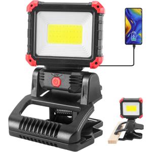 LED Rechargeable Work Light with Clamp, 2100LM Super Bright COB Magnetic Work Light with 3 Light Modes, 270 & 180 Rotation, Waterproof, Perfect for BBQ, Jobsite, Workshop, Car Repairing (Black 1Pack)