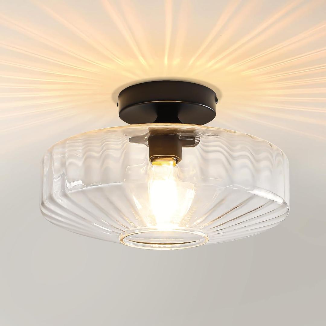 Fanousek Semi Flush Mount Ceiling Light, 11.8" Vintage Clear Glass Ceiling Lights, 1-Light Mid Century Modern Drum Close to Ceiling Light Fixtures for Bedroom Kitchen Entryway Hallway Porch Foyer