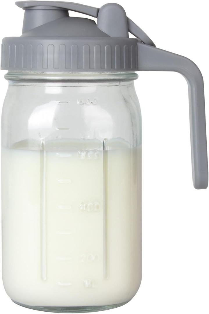 Breast Milk Pitcher, Mason Jar 32 oz, Heavy Duty Wide Mouth Jar with Flip Cap Lid and Pour Spout - Airtight Seal for Freshness and Convenience - Great for Cold Beverages, and Home Entertaining (Gray)