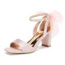 Coutgo Women's Bow Tie Heeled Sandals Chunky Heels One Strap Satin Ankle Buckle Dress Wedding Shoes, Pink, Size 8
