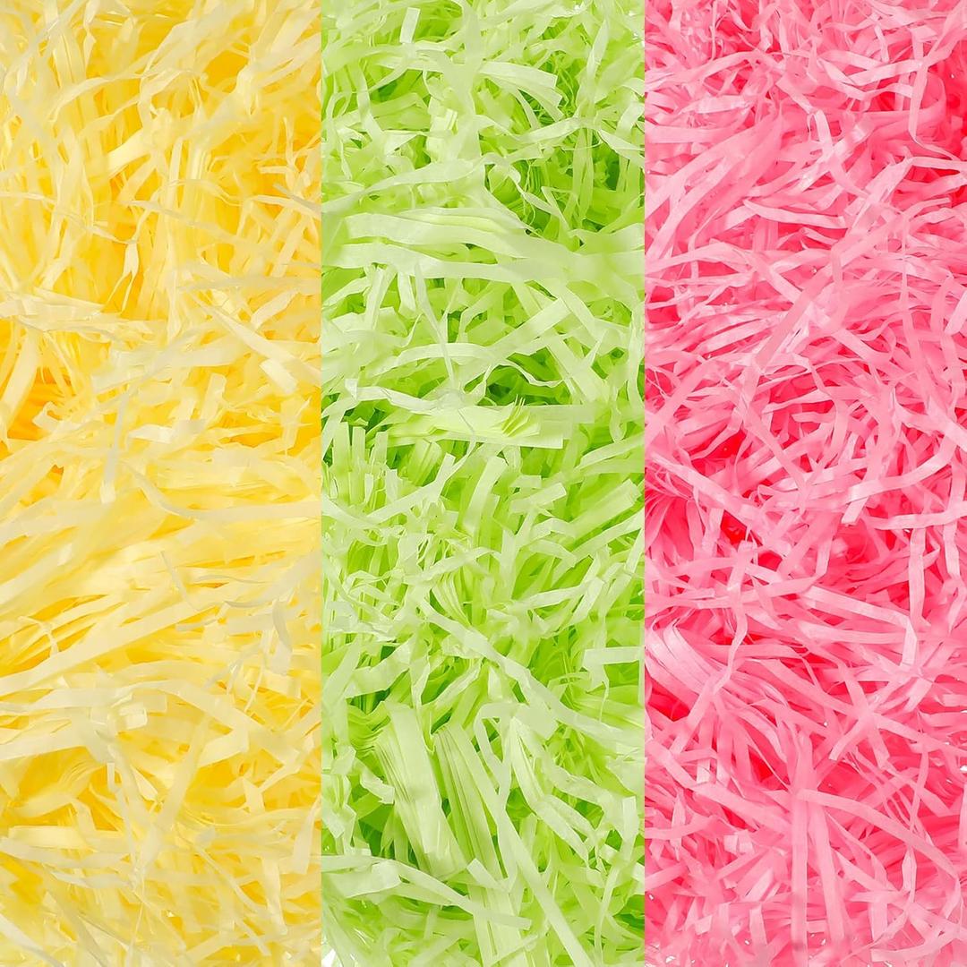 Zonon 9oz Easter Grass Basket Filler Raffia Paper Shreds Stuffers Craft Tissue Raffia Filler Grass for Gift Packaging Easter Egg Hunt Party Favors Decoration(Pink, Light Green, Yellow)